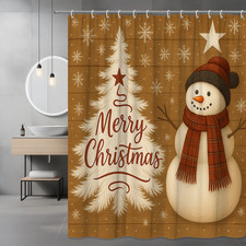 Merry Christmas Shower Curtain with Snowman and Tree Design