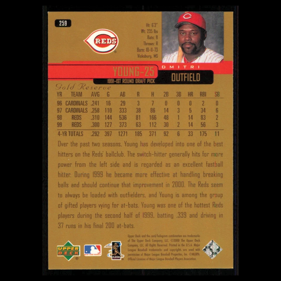 Dmitri Young #259 2000 Upper Deck Gold Reserve Cincinnati Reds Baseball Card MLB - Image 2 of 3