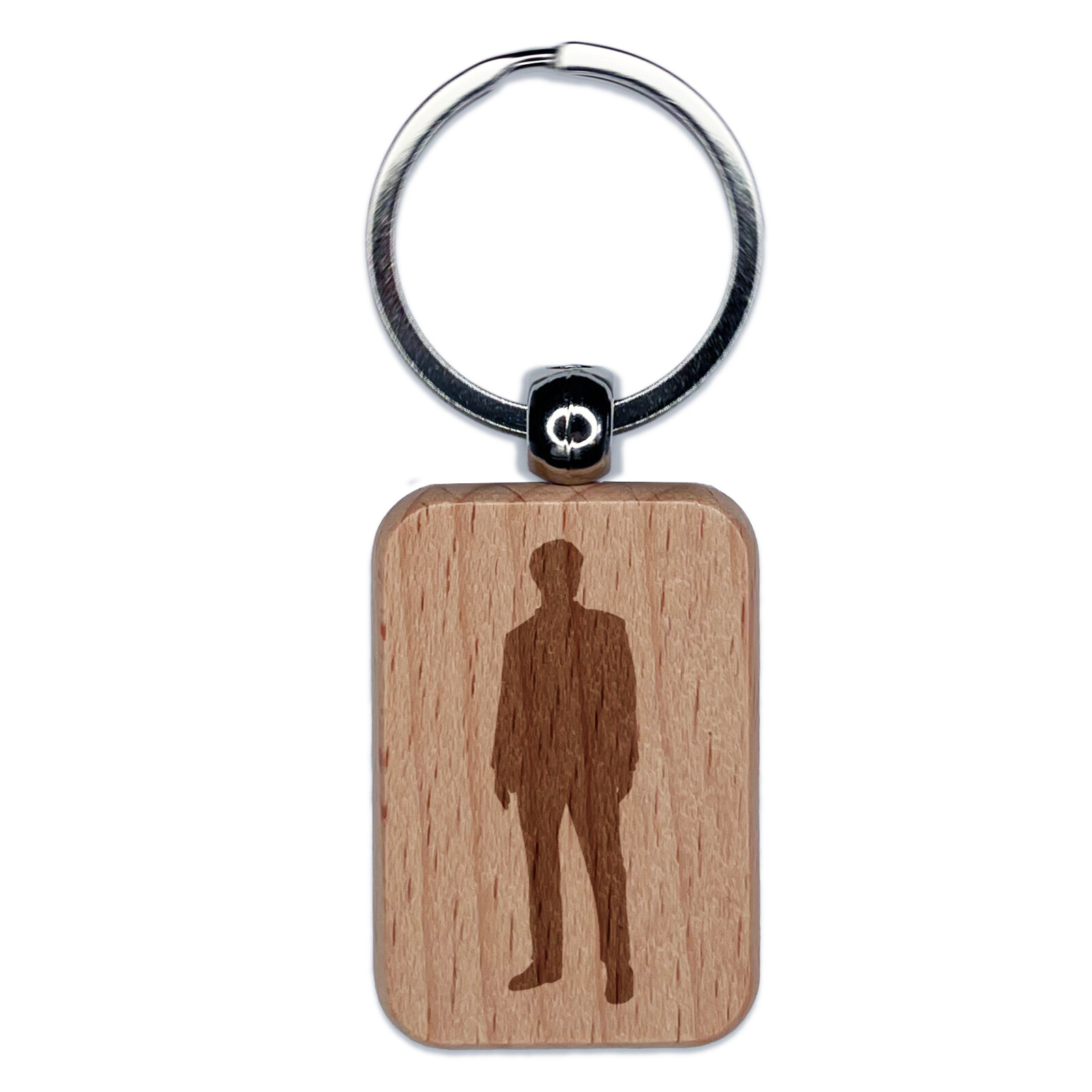 Man Person Silhouette Engraved Wood Rectangle Keychain Tag Charm