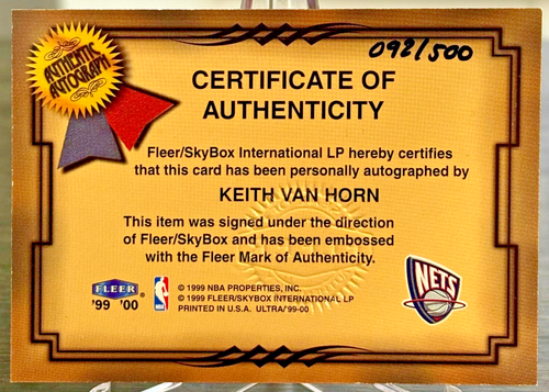 1999-00 Fleer Ultra Keith Van Horn Fresh Ink Autograph #092/500 - Imagen 2 de 2