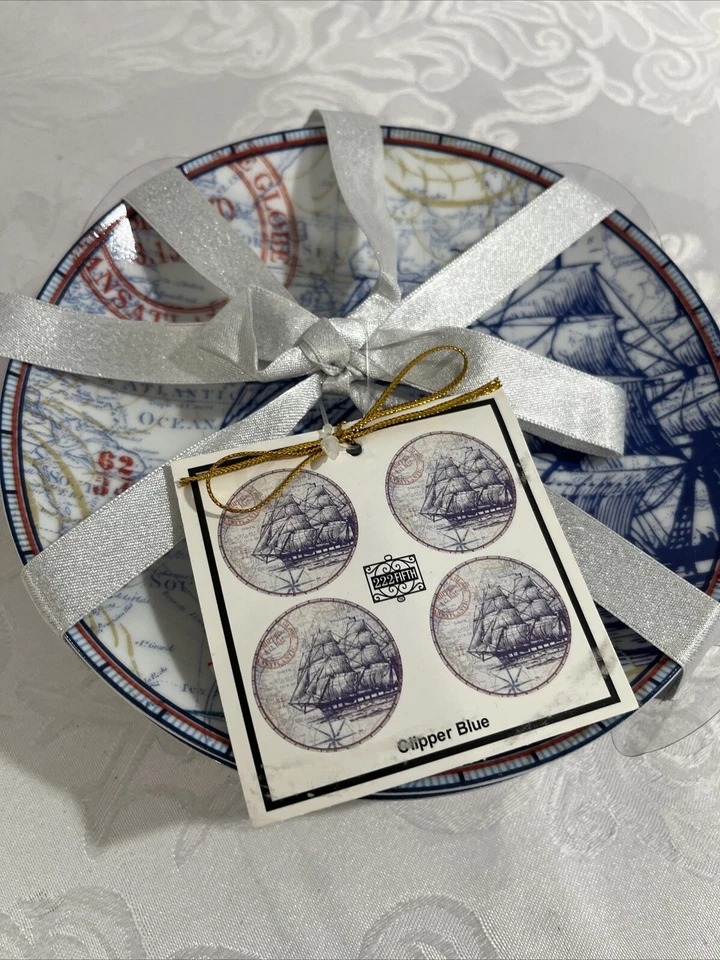 222 Fifth Clipper Appetizer Plates Set of 4 Nautical Maritime Sailing Ocean Ship