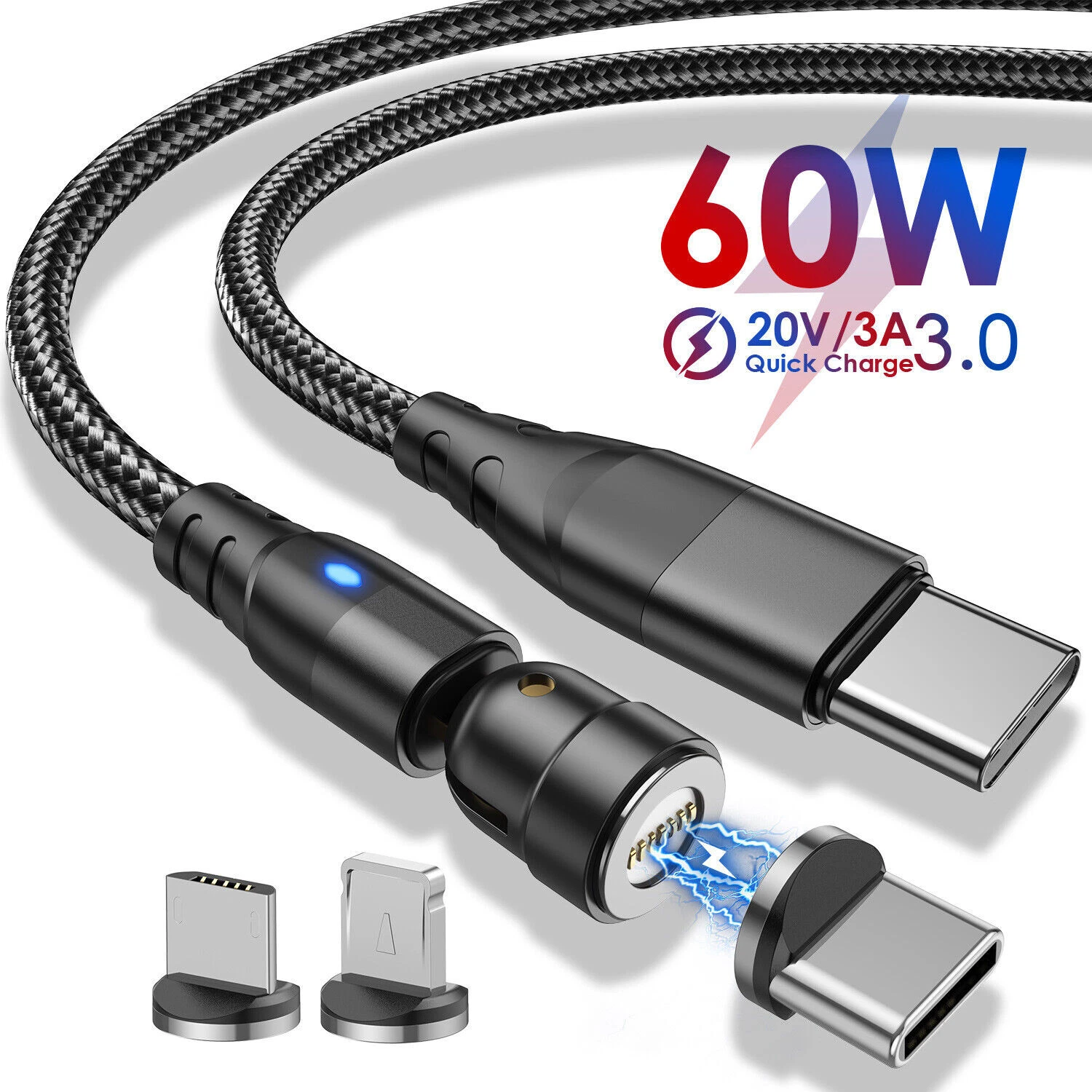 Magnetic PD 60W To Type C Micro USB 3A Fast Charging Cable Data Sync Cord_voghion.com