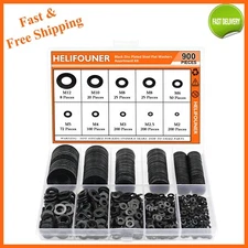 900 Pieces Black Zinc Flat Washers for Screws Bolts, Flat Washers Assorted Kit,