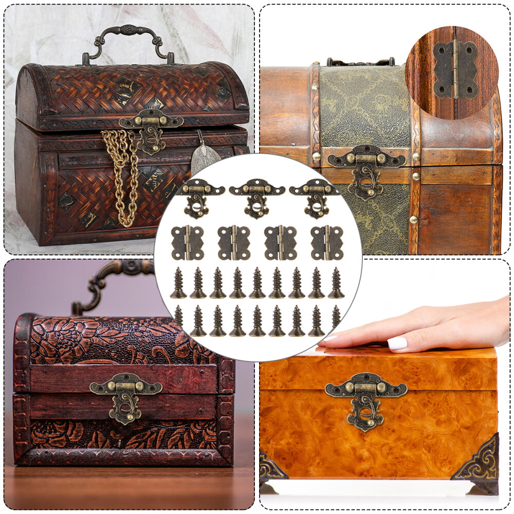YHXiXi Mini Hardware Kit - 2 Antique Bronze Hasps, 4 Small Hinges, 2 Bear Locks With Keys, Screws Included For DIY Jewelry Box & Crafts