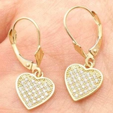 2Ct Pave Set 14K Yellow Gold Heart Dangle Leverback Earrings