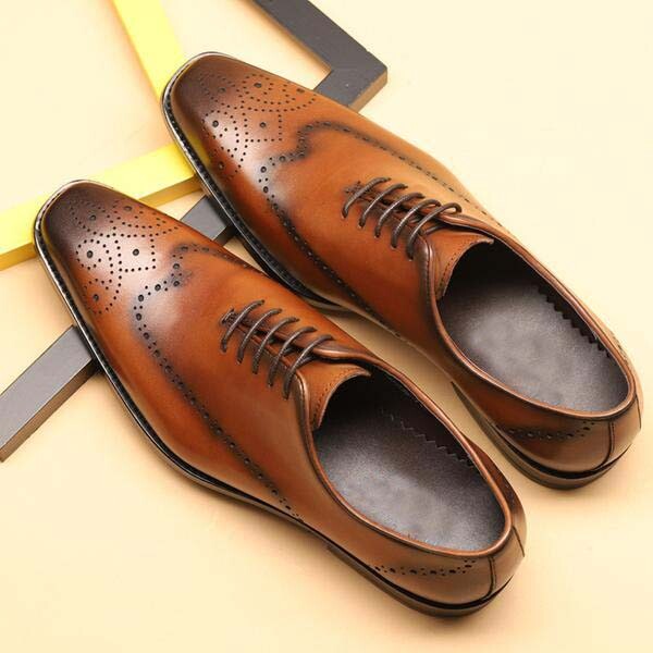 Handmade Mens Wing Tip Brogue Lace Up Square Toe Dress Shoes