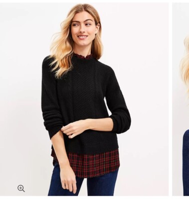 Loft Black Plaid Mixed Media Cable Sweater Women s Size Small New
