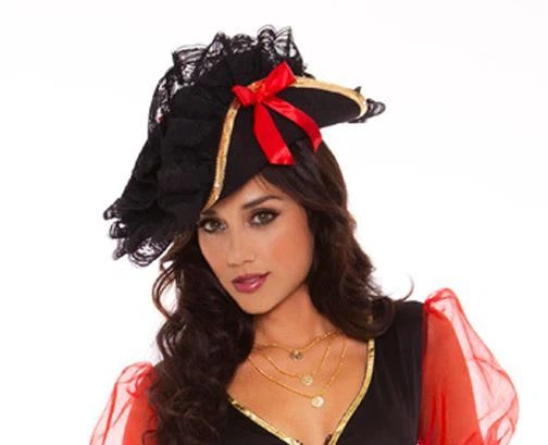 Sombrero pirata ribete de encaje lentejuelas pluma rojo arco bucanero bicornio disfraz 9147H Foto 2 de 4