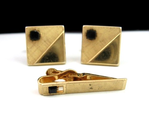 SET GEMELLI E FERMACRAVATTA SWANK vetro NERO vintage opaco lucido tono oro quadrati - Foto 1 di 7