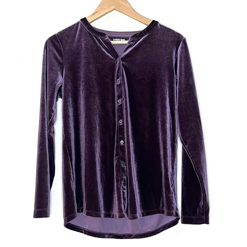 Lands End Long Sleeve Button Purple Velour Shirt Top Size S Velveteen