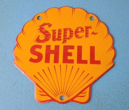 Super Shell Sign VINTAGE SUPER SHELL GASOLINE PORCELAIN GAS SERVICE STATION PUMP PLATE ...