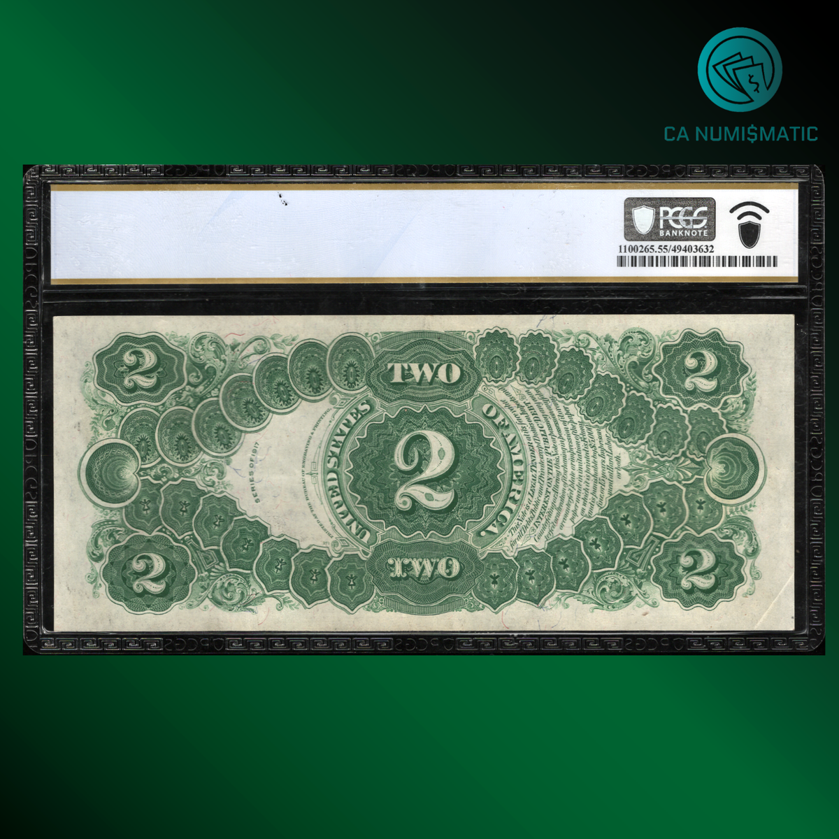 Fr.60 1917 $2 Dollar Legal Tender Note, BRACELLET REVERSE, PCGS 55