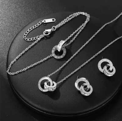 Roman Numeral Double Ring Pendant Linked Necklace,  Bracelet And Earrings