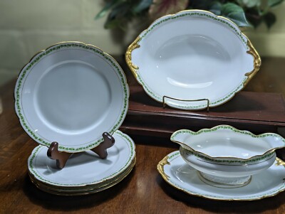 7 Piece Haviland Limoge Clover Leaf Gravy Boat, Serving Bowl & Four 7'' Plates 