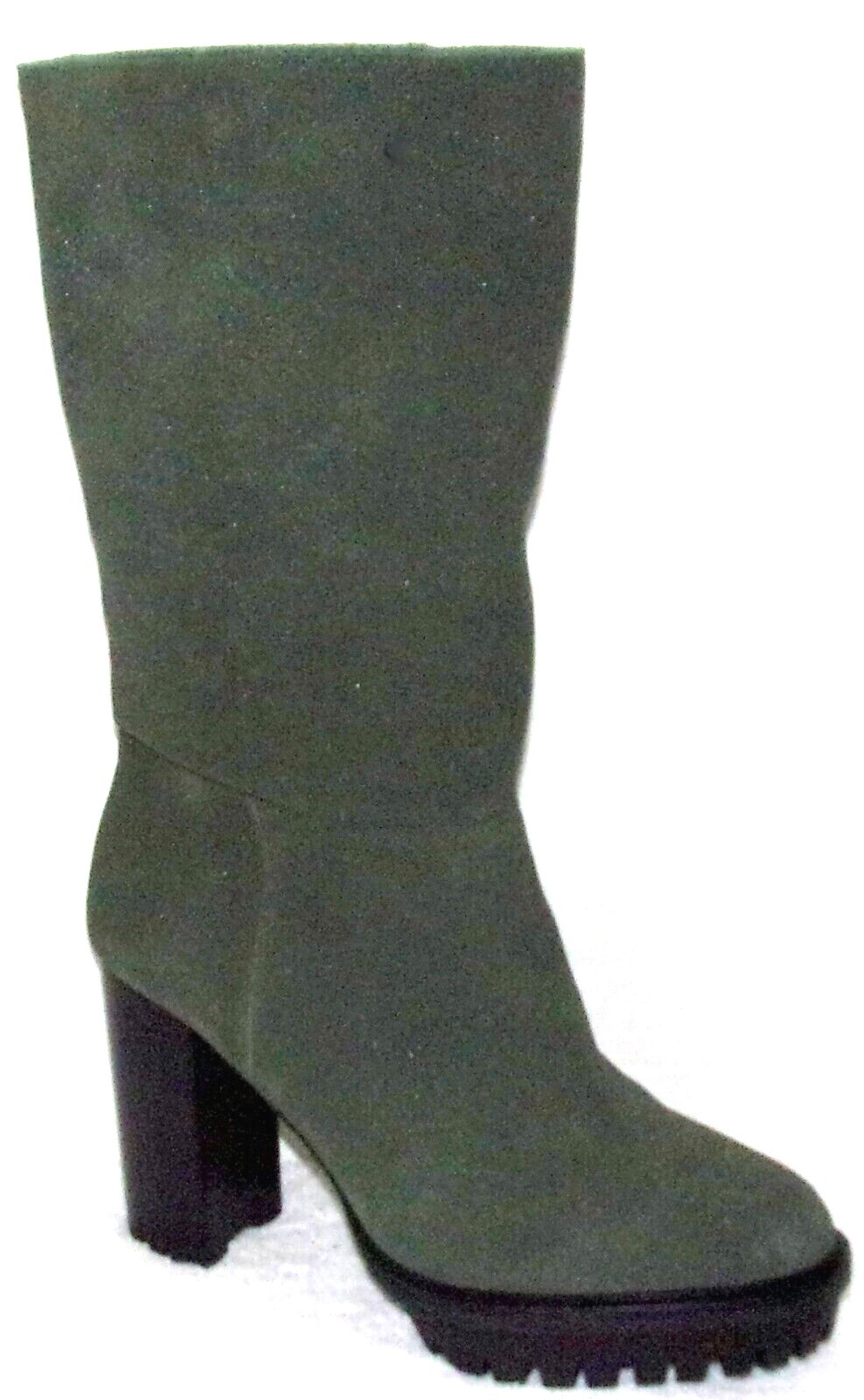 GREEN SHEEN SUEDE MID CALF HEELED BOOTS 