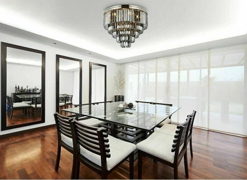 Large Polished Nickel Flush Mount Crystal Light Silver Shade Dining Room Fixture - Picture 4 of 9