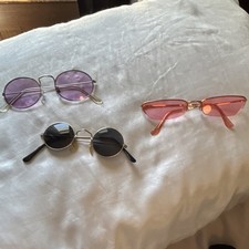 Lot of 3 Vintage Round Cat Eye Sunglasses Silver Pink Frames Purple Lenses