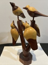 Vintage MCM Folk Art hand carved Wooden Bird Tree with 6 birds