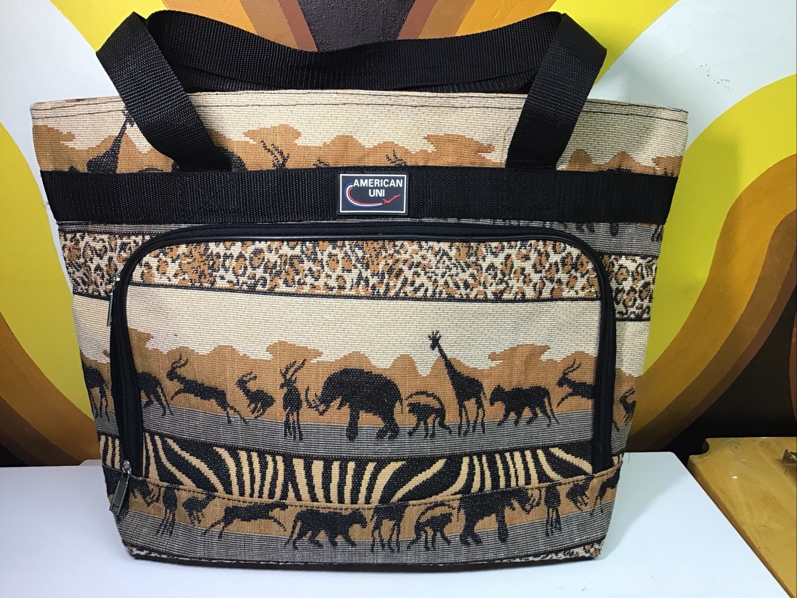 VTG Safari Animal Leopard Zebra Print American Uni Carry On Travel Shoulder Bag