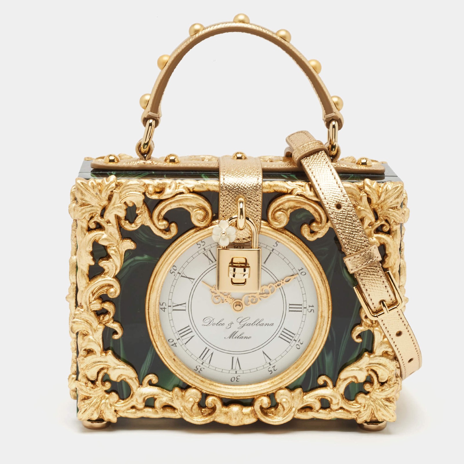 Dolce Gabbana GoldGreen Acrylic and Leather Orologio Barocco Dolce Box Bag