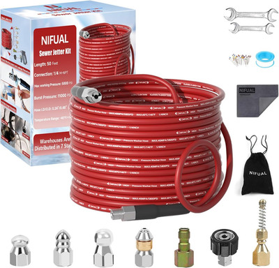 NIFUAL Sewer Jetter Kit for Pressure Washer,50Ft 5800PSI Pressure Drain Cleaner 