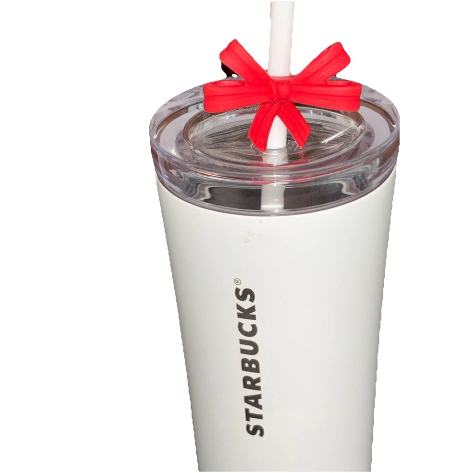Vaso Starbucks Navidad 2025 Blanco Acero Inoxidable Cinta Roja en Pajita 24 OZ Foto 4 de 4
