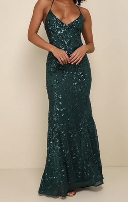 Lulus Green Sequin Mesh Strappy Backless Maxi Dress V-Neck Zip Size M