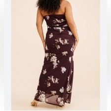 BHLDN Floral Burgundy Ruched Strapless Gown