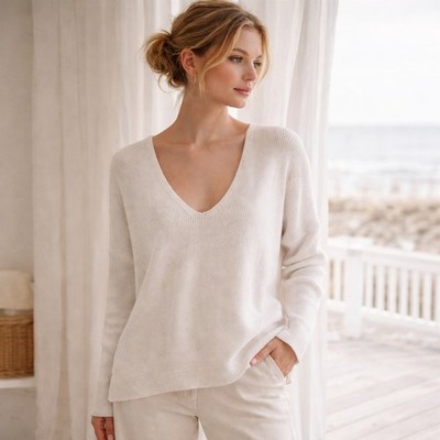Rag & Bone White Ribbed V-Neck Sweater SZL Relaxed Minimalist Luxe Knit Pullover