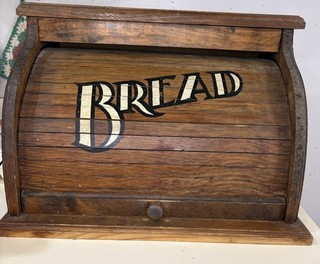 Vintage Wood Bread Box with Roll Top Lid and 'BREAD' Lettering