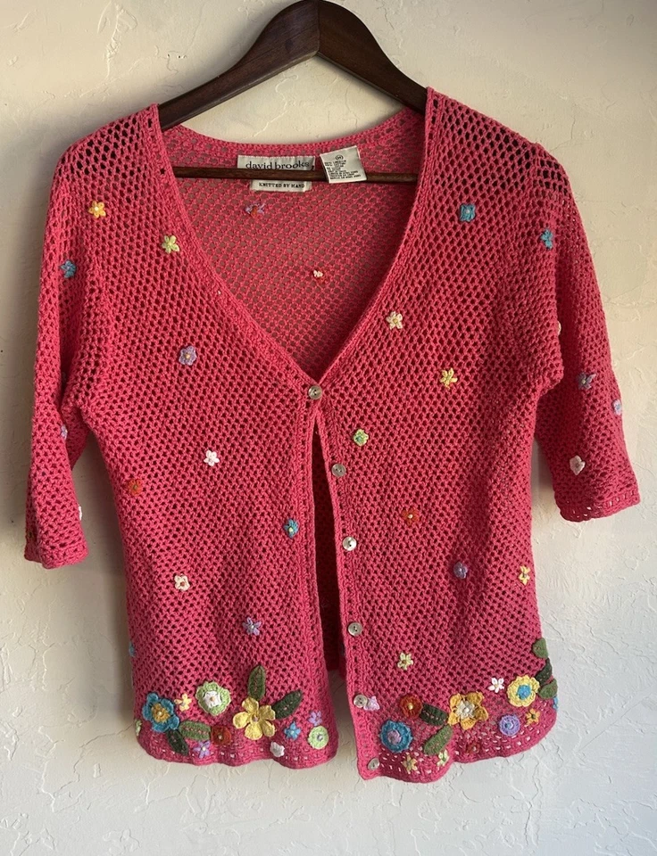 Cárdigan Suéter Vintage Años 90 Y2K David Brooks Bordado Crochet M Floral Lindo Foto 2 de 4