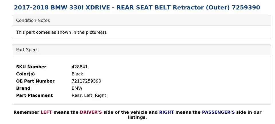 BMW 330I XDRIVE 2017-2018 - Cinturón de seguridad trasero retractor (exterior) 7259390 Foto 3 de 4