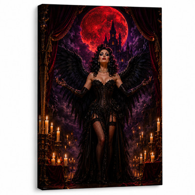 Gothic Dark Angel Canvas Wall Art Red Moon Vampire Fantasy Print Horror Theater