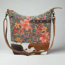 Myra Bag Sillage Floral Canvas & Fur Boho Western Crossbody Shoulder Bag