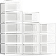 Large 12 Pack Shoe Storage Box, Clear Plastic Stackable Shoe Organizer for Close
