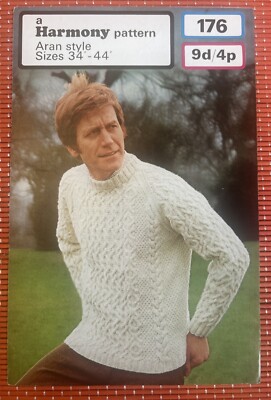 HERREN ARAN ZOPFMUSTER RUNDHALS PULLOVER VINTAGE STRICKMUSTER 34 -44  H176