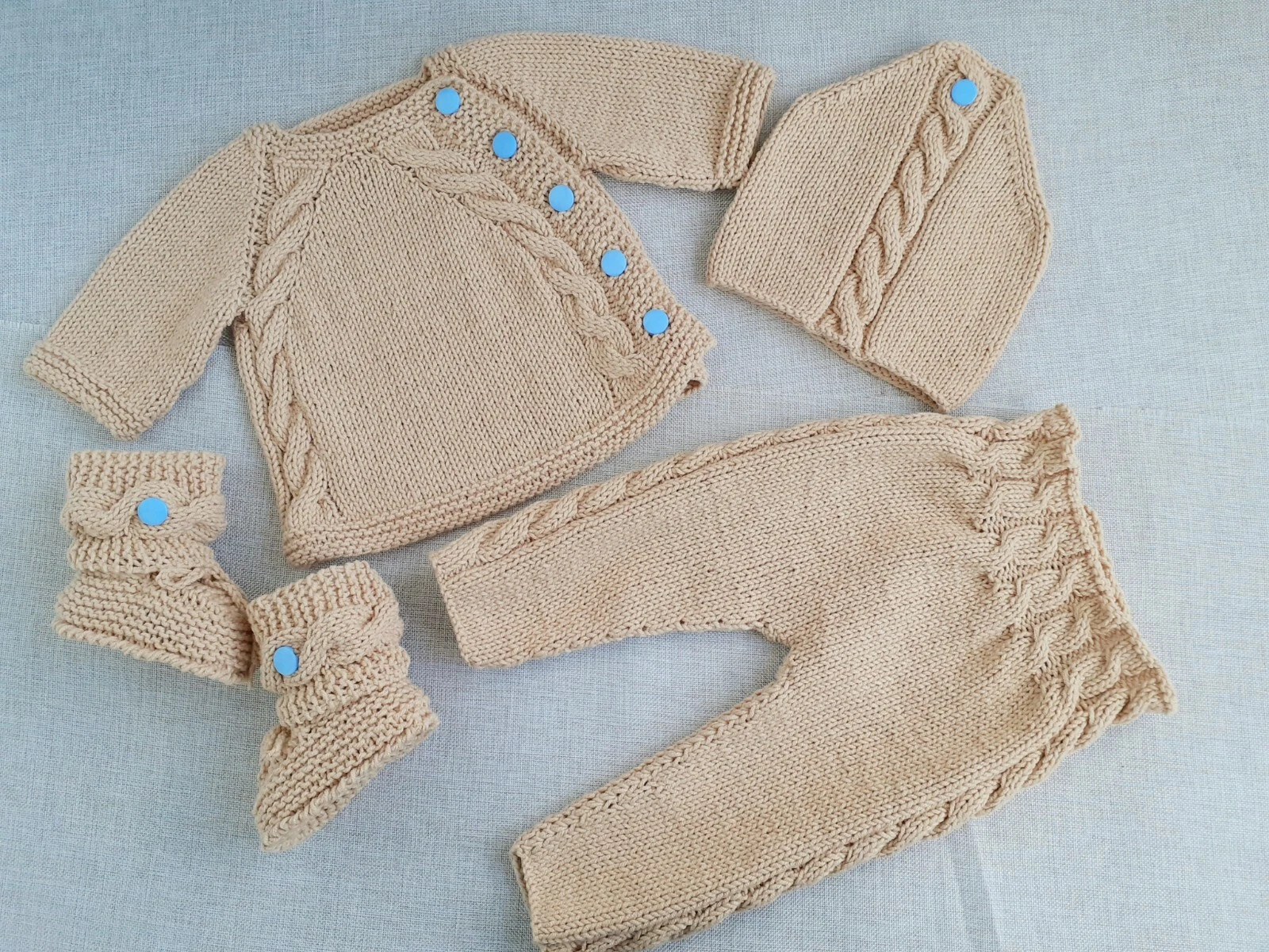 Baby boy coming home outfit beige knitted sweater, pants, hat socks hamd knitted