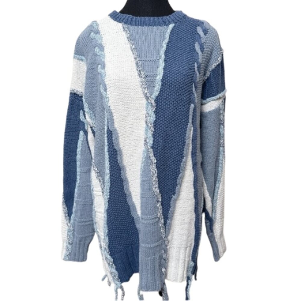 Funsport Womens Large Chunky Blue White Color Mix Ramie Sweater