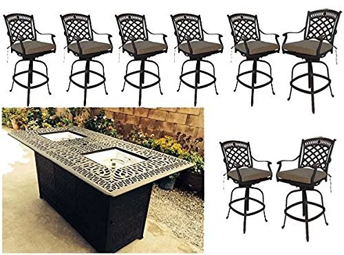 Fire pit bar height patio dining table 9 pc outdoor set cast