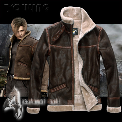 NEW RESIDENT EVIL 4 LEON KENNEDY'S PU FAUX LEATHERETTE FUR JACKET