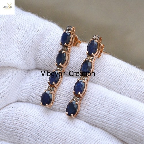 Sapphire Gemstone Earrings Diamond Jewelry 925 Silver Rose Gold Plated Earrings - Picture 2 of 4