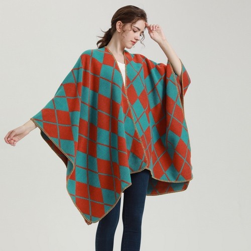 Cashmere Like Poncho Blanket Wrap Shawl Cape Rhombus Leopard Houndstooth Fish AA - Picture 3 of 64