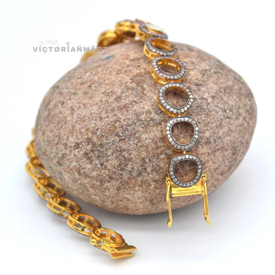 Pulsera de diamantes Polki Pave de plata de ley 925 estilo victoriano joyería Foto 4 de 4