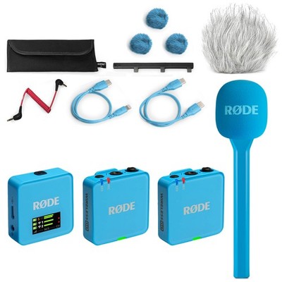 Rode Wireless GO Gen 3 Blau mit Interview GO Blau und Fell-Windschutz