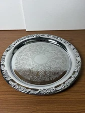 VTG SHELTON WARE ROUND SERVING TRAY PLATTER SILVER METAL ETCHED SHELLS 12.5