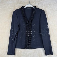 St John Evening Marie Gray Black Sequin Ruffle Zip Knit Cardigan Jacket 4 EUC