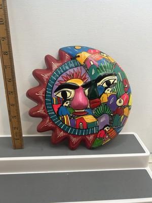 Mexikanische Sonne Mond Gesicht Finsternis Volkskunst Talavera Keramik handbemalt 8 1/2''