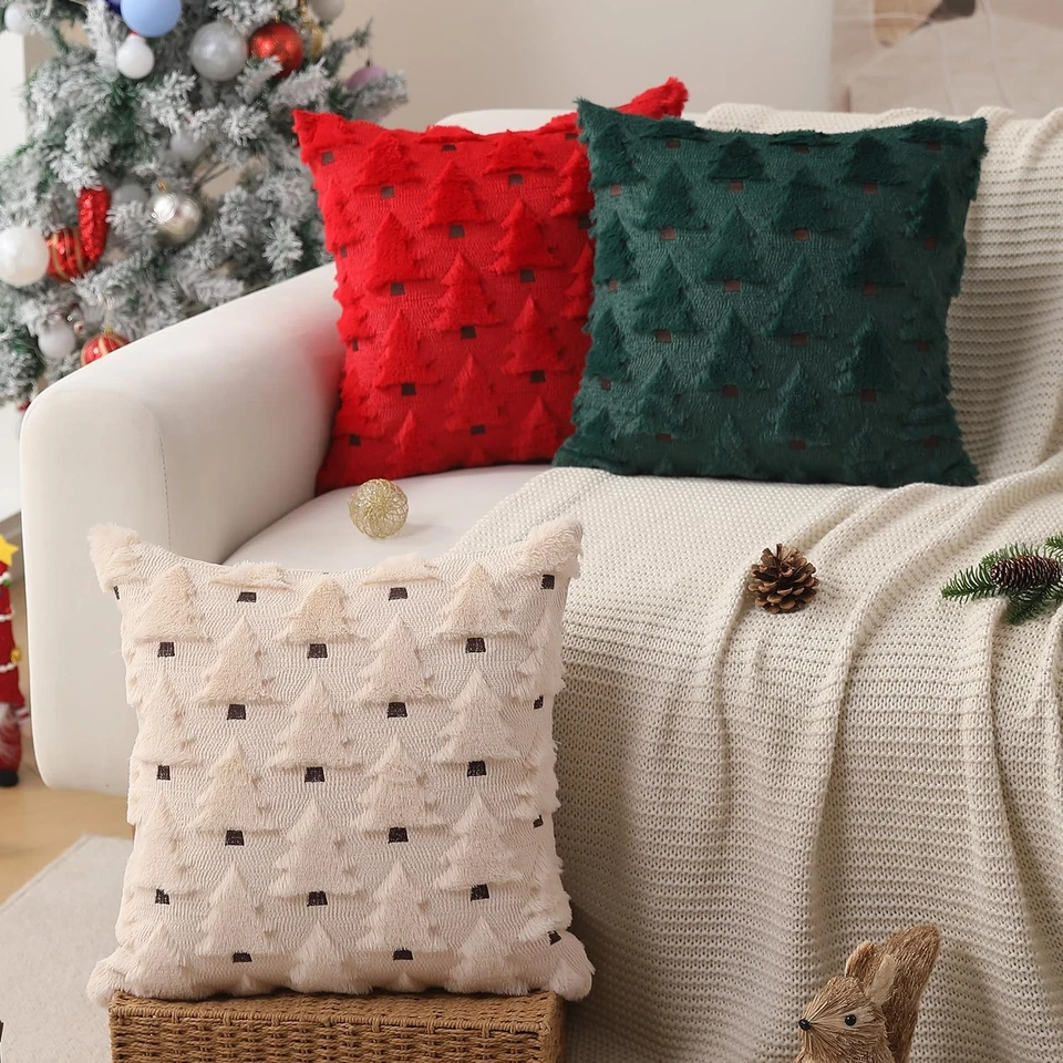 Allorry 2pk 18"x18" Beige Faux Fur Christmas Tree Throw Pillow Covers Winter Dec - Image 4 of 4