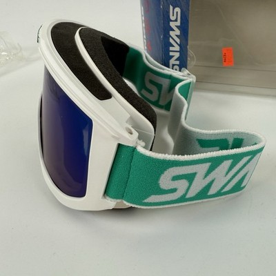 Vintage Swans Ski Goggles White Mint Green Mirror Lens Winter