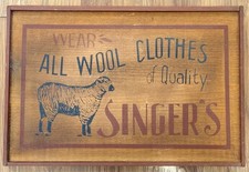 Vintage Singers All Wool Clothes Advertising Sign Sheep Graphic on Wood 1950s